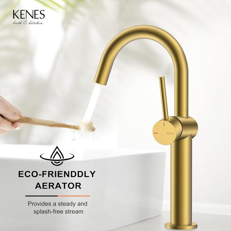 KENES Brushed Gold Tall Bathroom Faucet, Single Handle Vessel Sink Faucet Single Hole, Modern Bathroom Vanity Faucet with Pop Up Drain and Supply Lines, KE-9005C-4 - Image 5